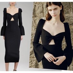 SELF PORTRAIT Dress Midi Sz M Ribbed Knit Cut Out Bow Bell Sleeve Black …​​